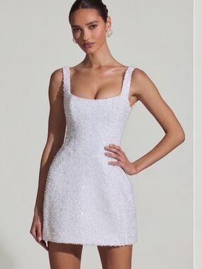 Oh Polly Dominique White Beaded Square Neck Mini Dress